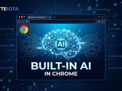 Chrome browser window with AI neural network visualization representing Chrome built-in AI and Gemma 197M on-device model