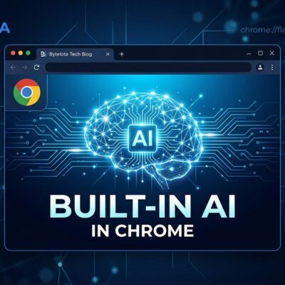 Chrome browser window with AI neural network visualization representing Chrome built-in AI and Gemma 197M on-device model