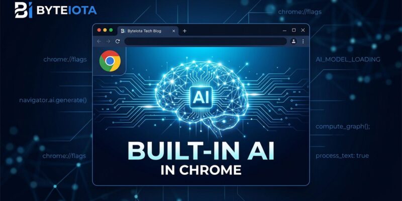 Chrome browser window with AI neural network visualization representing Chrome built-in AI and Gemma 197M on-device model