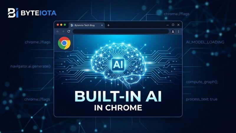 Chrome browser window with AI neural network visualization representing Chrome built-in AI and Gemma 197M on-device model
