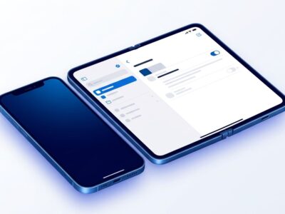 A foldable iPhone opening from compact portrait to wide tablet canvas showing iOS split-view sidebar interface in blue and white