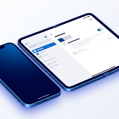 A foldable iPhone opening from compact portrait to wide tablet canvas showing iOS split-view sidebar interface in blue and white