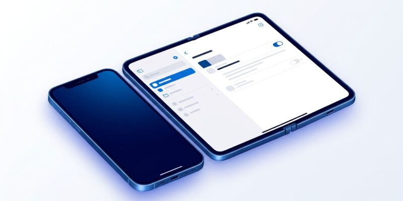 A foldable iPhone opening from compact portrait to wide tablet canvas showing iOS split-view sidebar interface in blue and white