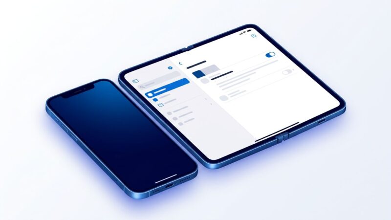 A foldable iPhone opening from compact portrait to wide tablet canvas showing iOS split-view sidebar interface in blue and white