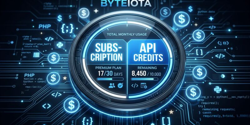 Digital billing meter showing split between subscription and API credits, representing Anthropic's June 15 billing change for Agent SDK