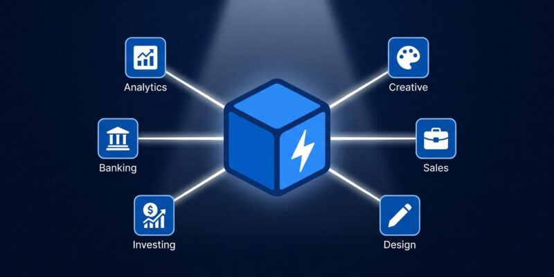 OpenAI Codex enterprise expansion showing central hub connected to six role-specific plugin icons including analytics, creative, sales, design, investing, and banking