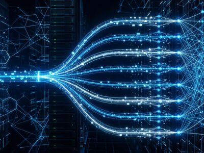 Abstract visualization of MRC multipath packet spraying across parallel network planes in a GPU supercomputer cluster