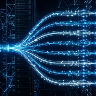 Abstract visualization of MRC multipath packet spraying across parallel network planes in a GPU supercomputer cluster