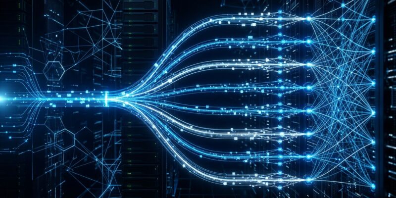 Abstract visualization of MRC multipath packet spraying across parallel network planes in a GPU supercomputer cluster