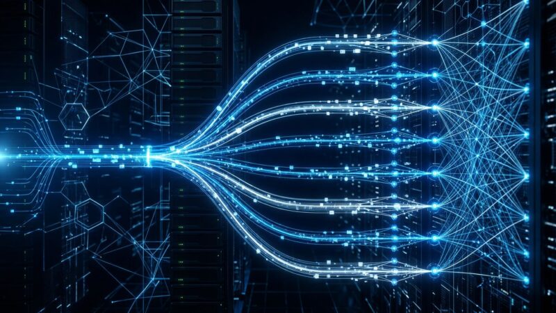 Abstract visualization of MRC multipath packet spraying across parallel network planes in a GPU supercomputer cluster