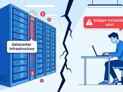 Split-screen illustration showing AI data center infrastructure costs versus developer budget constraints