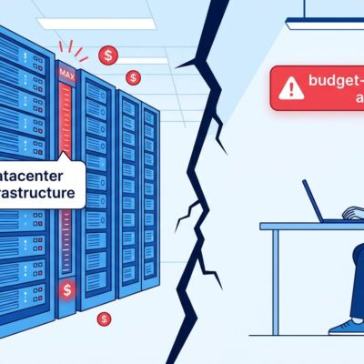 Split-screen illustration showing AI data center infrastructure costs versus developer budget constraints