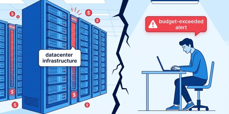 Split-screen illustration showing AI data center infrastructure costs versus developer budget constraints