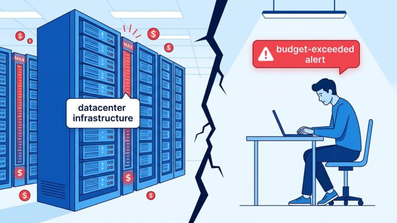 Split-screen illustration showing AI data center infrastructure costs versus developer budget constraints