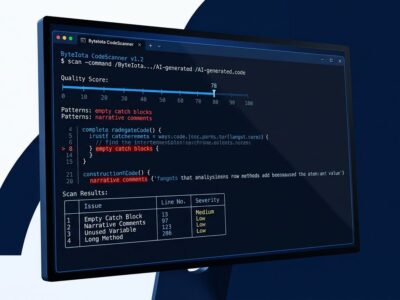Terminal screen showing AISlop CLI scanning AI-generated code with quality score meter and highlighted anti-patterns in blue and white