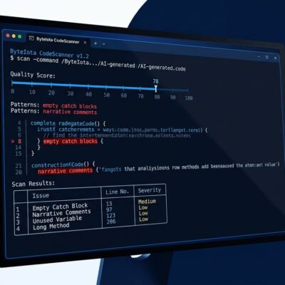 Terminal screen showing AISlop CLI scanning AI-generated code with quality score meter and highlighted anti-patterns in blue and white