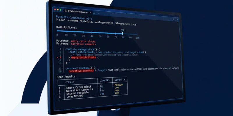 Terminal screen showing AISlop CLI scanning AI-generated code with quality score meter and highlighted anti-patterns in blue and white