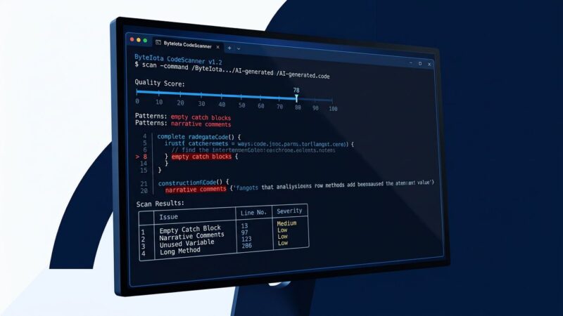 Terminal screen showing AISlop CLI scanning AI-generated code with quality score meter and highlighted anti-patterns in blue and white