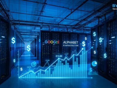 Data center server hall with blue lighting representing Alphabet's massive AI infrastructure investment for Gemini API developers