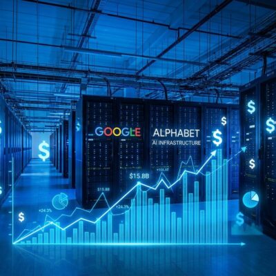 Data center server hall with blue lighting representing Alphabet's massive AI infrastructure investment for Gemini API developers