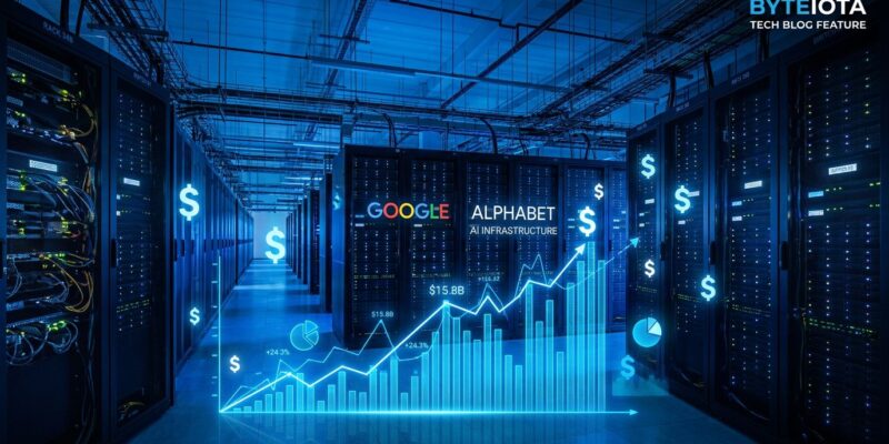 Data center server hall with blue lighting representing Alphabet's massive AI infrastructure investment for Gemini API developers