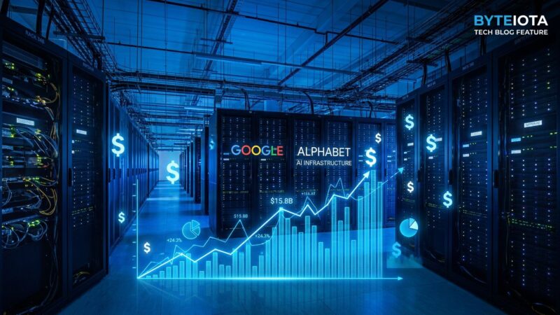 Data center server hall with blue lighting representing Alphabet's massive AI infrastructure investment for Gemini API developers