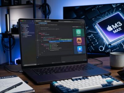 Xcode 27 IDE showing Claude, ChatGPT, and Gemini AI agents integrated on Apple Silicon Mac
