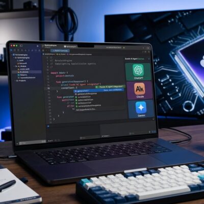 Xcode 27 IDE showing Claude, ChatGPT, and Gemini AI agents integrated on Apple Silicon Mac