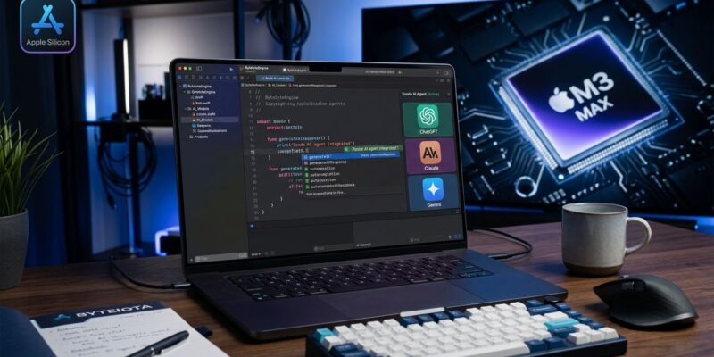 Xcode 27 IDE showing Claude, ChatGPT, and Gemini AI agents integrated on Apple Silicon Mac