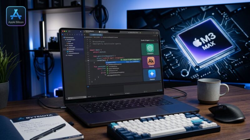 Xcode 27 IDE showing Claude, ChatGPT, and Gemini AI agents integrated on Apple Silicon Mac