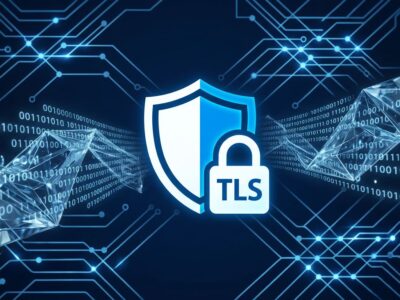 Abstract quantum circuit patterns and lattice network nodes representing ML-KEM post-quantum encryption for TLS migration
