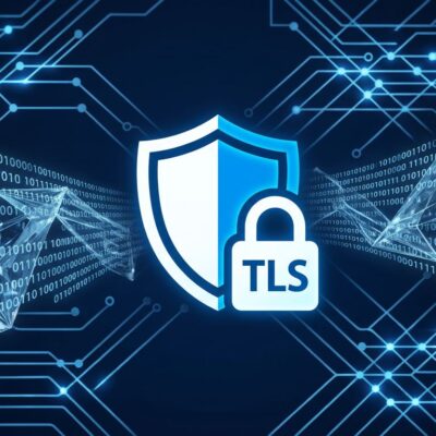 Abstract quantum circuit patterns and lattice network nodes representing ML-KEM post-quantum encryption for TLS migration