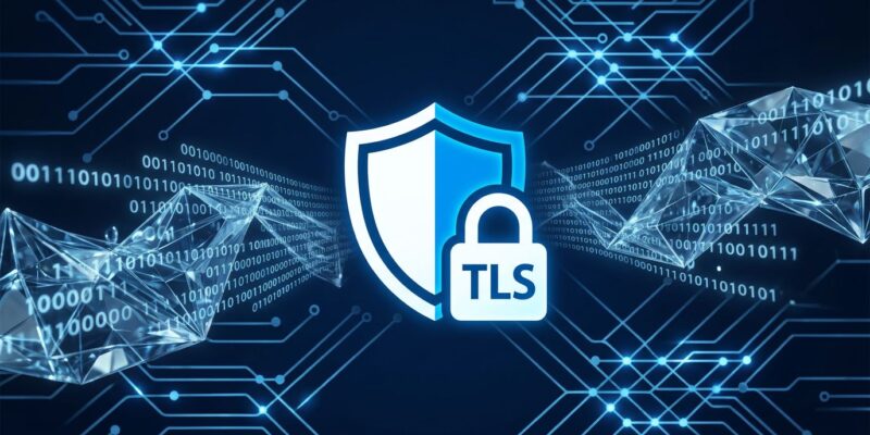 Abstract quantum circuit patterns and lattice network nodes representing ML-KEM post-quantum encryption for TLS migration