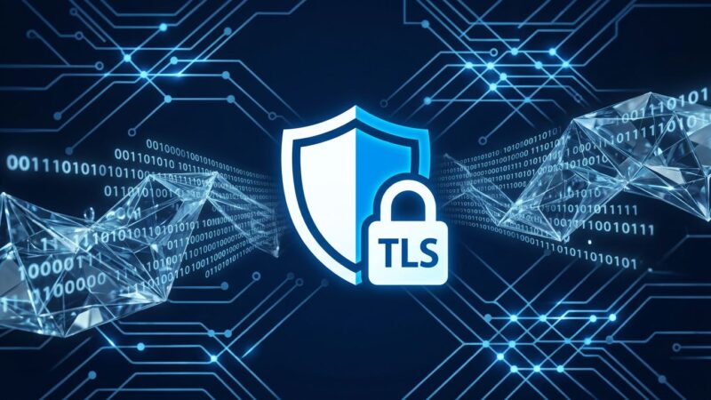 Abstract quantum circuit patterns and lattice network nodes representing ML-KEM post-quantum encryption for TLS migration