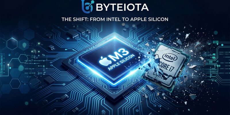 Apple Silicon M-series chip replacing Intel chip, representing macOS 27 Golden Gate dropping Intel Mac support