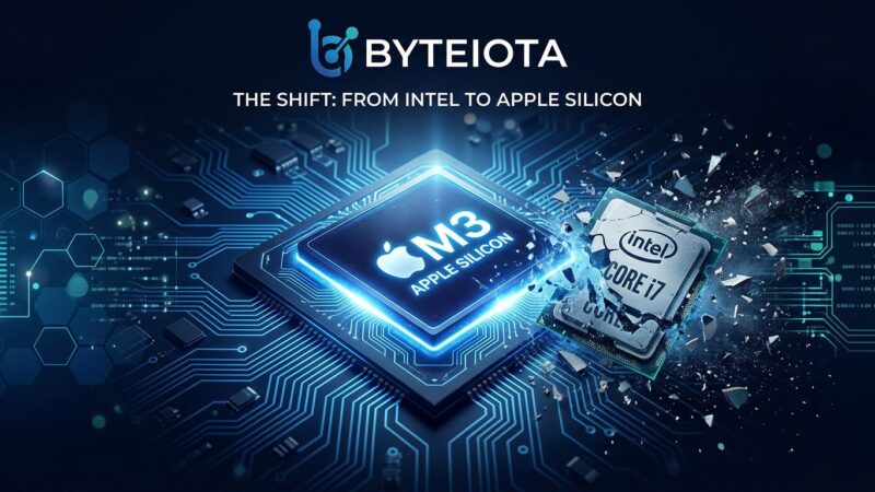 Apple Silicon M-series chip replacing Intel chip, representing macOS 27 Golden Gate dropping Intel Mac support