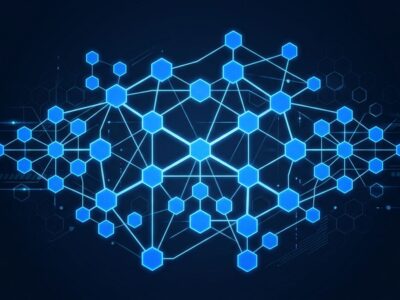 Network diagram showing A2A protocol agent-to-agent coordination with blue hexagonal nodes on dark background