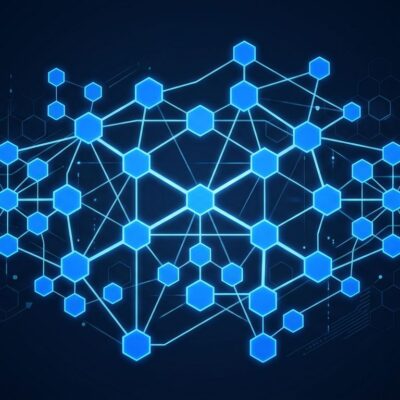 Network diagram showing A2A protocol agent-to-agent coordination with blue hexagonal nodes on dark background