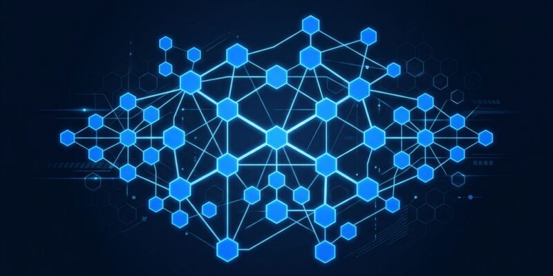 Network diagram showing A2A protocol agent-to-agent coordination with blue hexagonal nodes on dark background