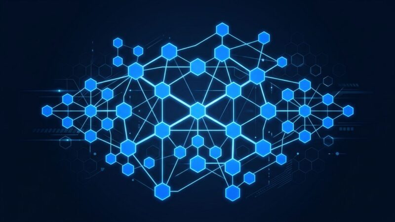 Network diagram showing A2A protocol agent-to-agent coordination with blue hexagonal nodes on dark background