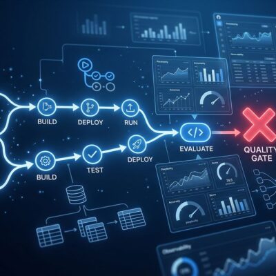 Langfuse v4 CI/CD eval gates blocking a pull request with LLM quality score regression - pipeline diagram with analytics