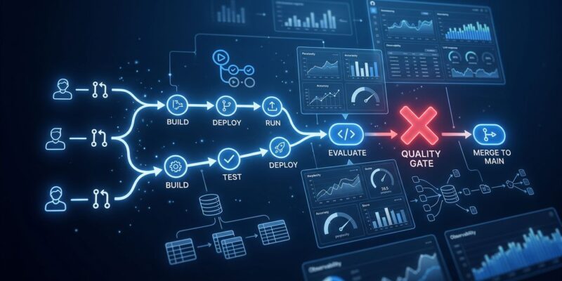 Langfuse v4 CI/CD eval gates blocking a pull request with LLM quality score regression - pipeline diagram with analytics