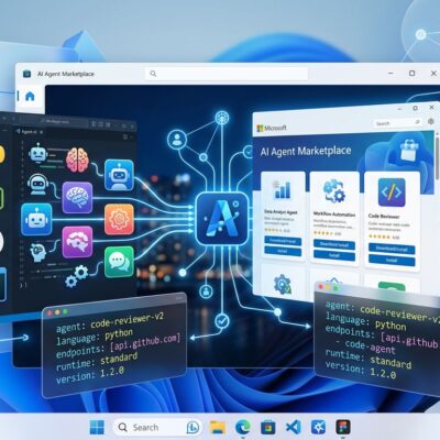 Windows Agent Store interface showing YAML agent manifests and Microsoft marketplace with blue and white color scheme