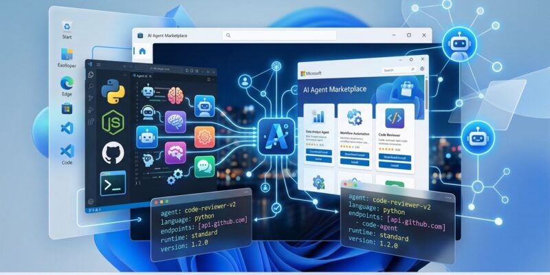 Windows Agent Store interface showing YAML agent manifests and Microsoft marketplace with blue and white color scheme