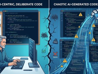 Split-screen showing disciplined human developer on left vs cascading AI-generated code chaos on right, representing technical debt in AI coding workflows