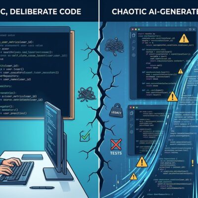 Split-screen showing disciplined human developer on left vs cascading AI-generated code chaos on right, representing technical debt in AI coding workflows