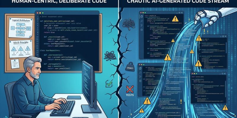 Split-screen showing disciplined human developer on left vs cascading AI-generated code chaos on right, representing technical debt in AI coding workflows