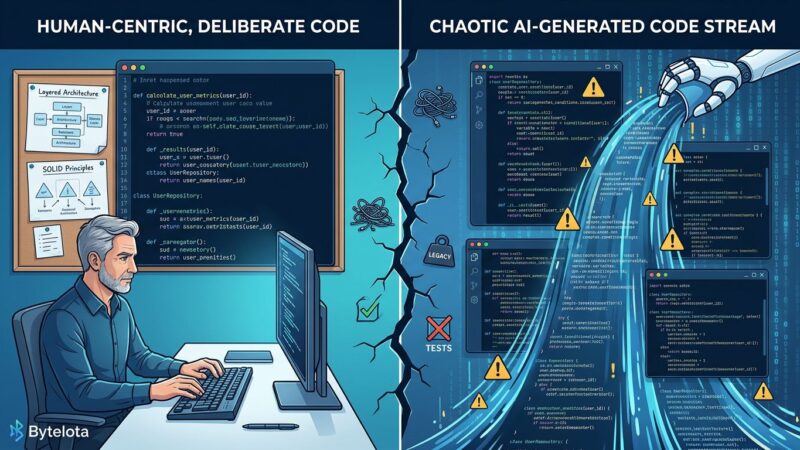 Split-screen showing disciplined human developer on left vs cascading AI-generated code chaos on right, representing technical debt in AI coding workflows