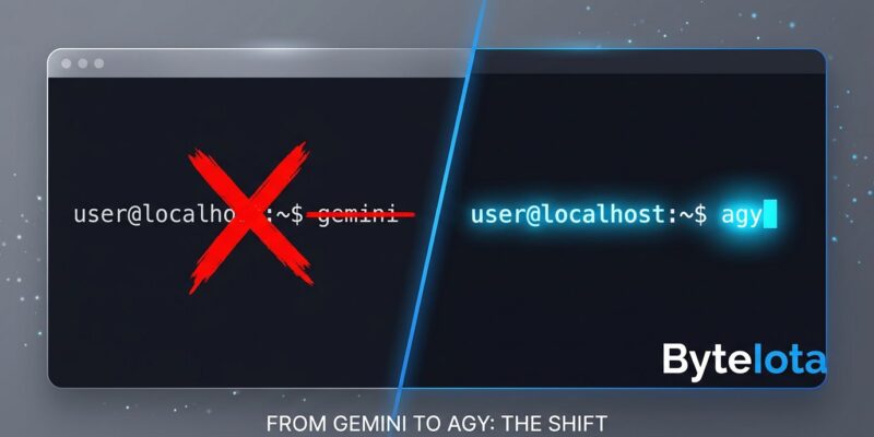 Terminal split-screen showing gemini CLI being replaced by agy (Antigravity CLI) with blue and white ByteIota brand colors