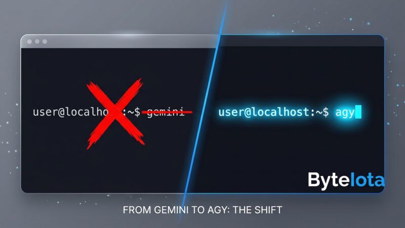 Terminal split-screen showing gemini CLI being replaced by agy (Antigravity CLI) with blue and white ByteIota brand colors